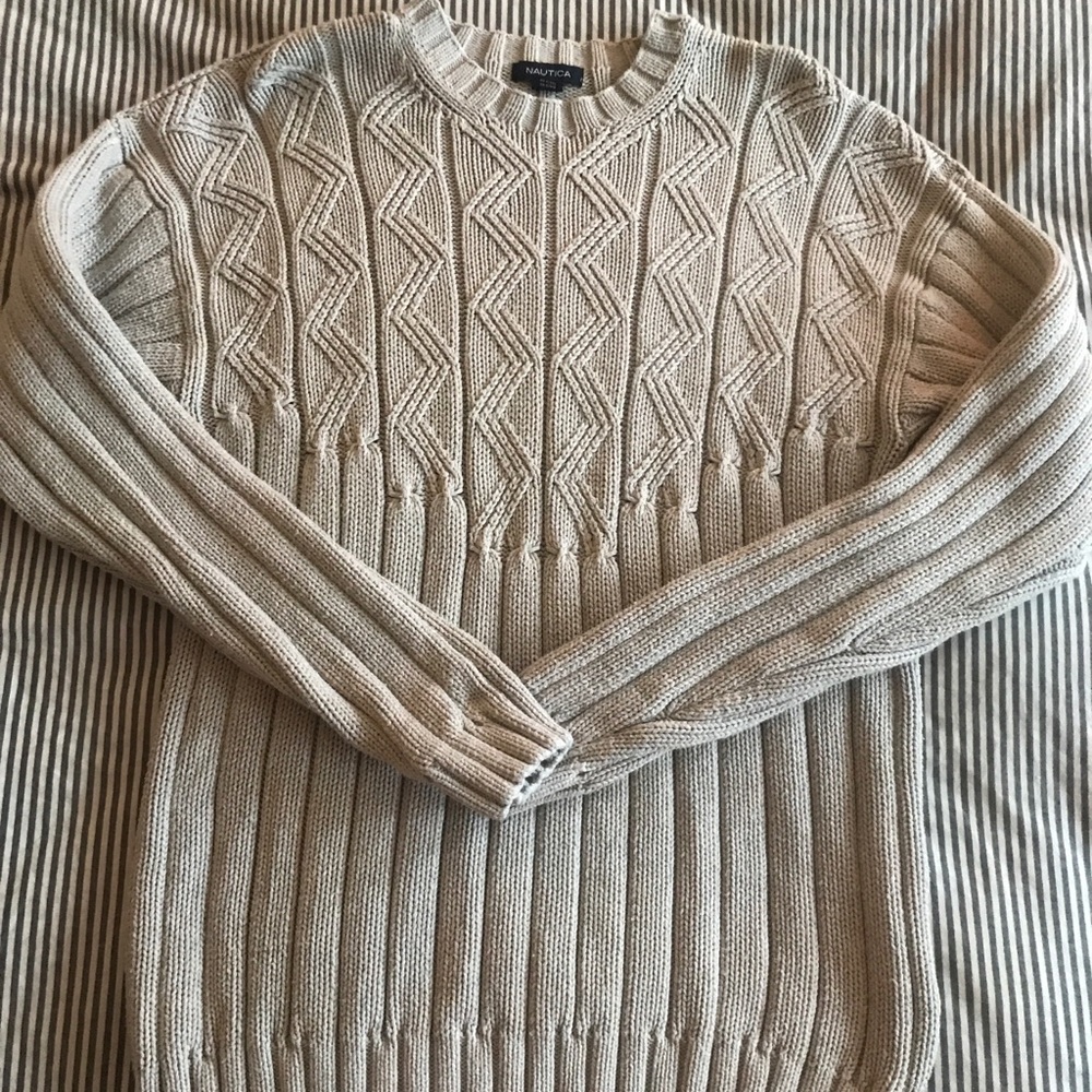 L Nautica Light-Gray Chunky Knit Sweater